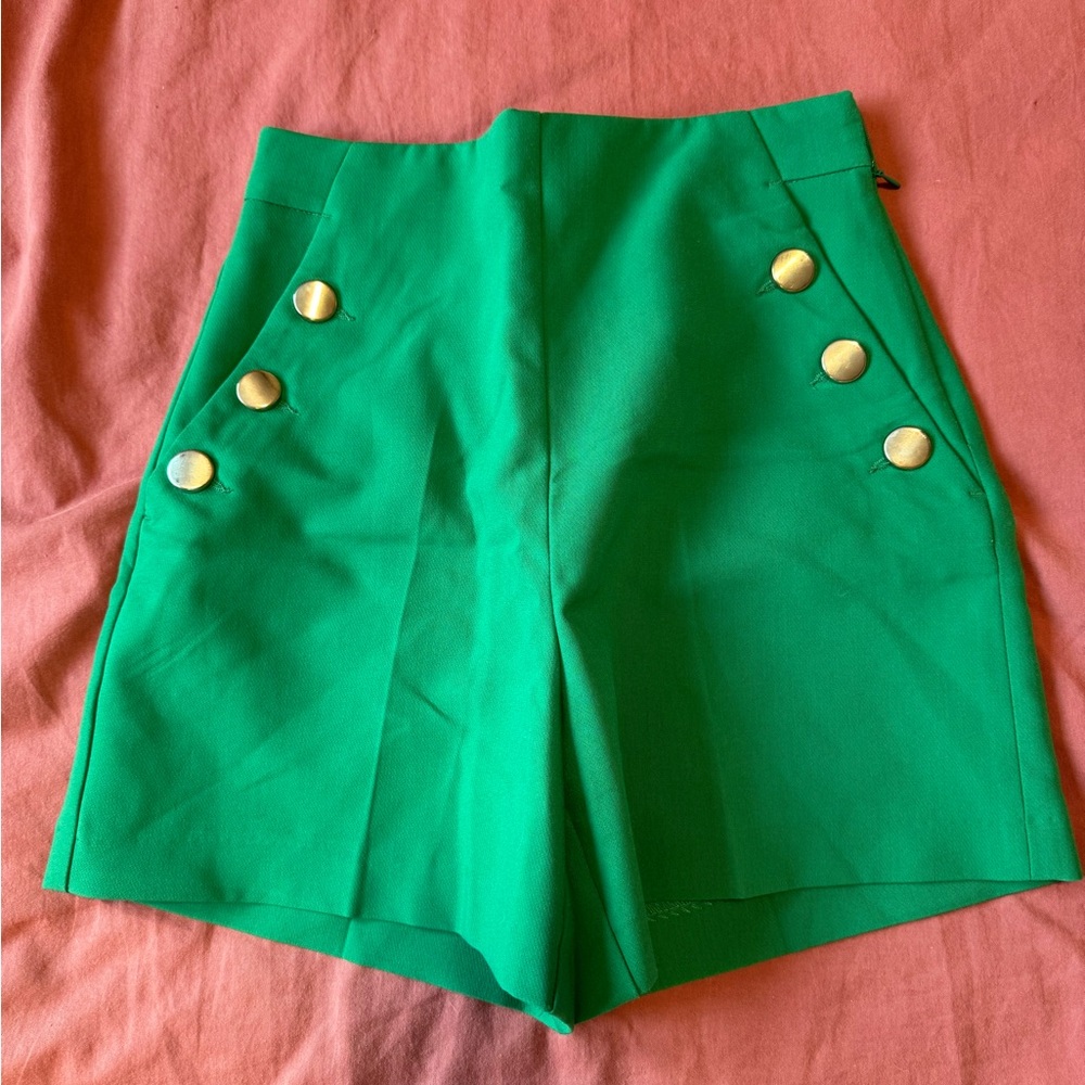 Green High-Waisted Shorts with Gold Buttons
